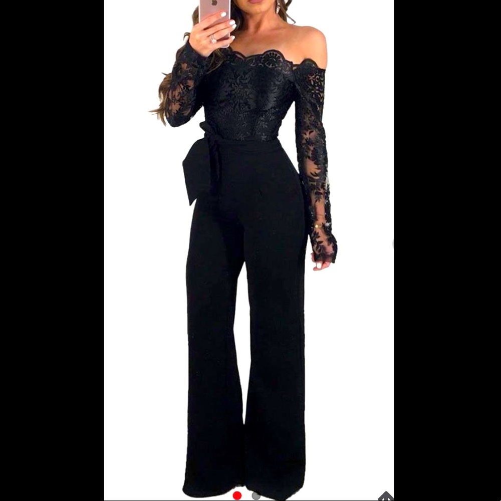 Black Lace Off The Shoulder Jumpsuit Long Sleeve